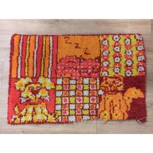 Vintage Handmade MCM Shag Rug / Wall Hanging Sleeping Cat, Dog Orange Yellow